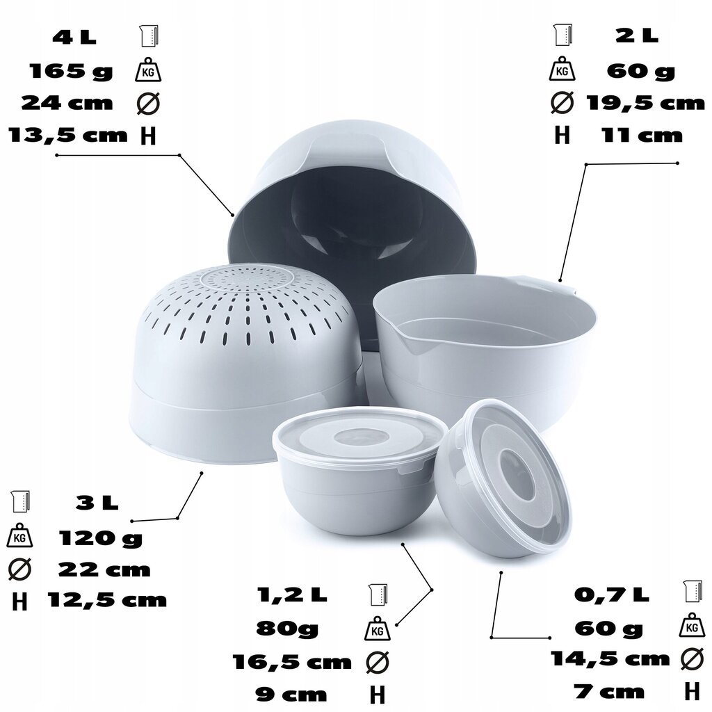 Keittiökulhot 7El + Colander 3L muovi harmaa hinta ja tiedot | Astiat | hobbyhall.fi