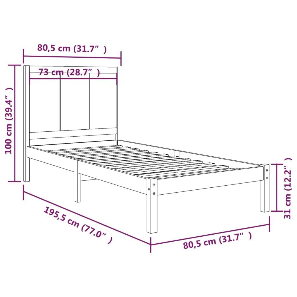 vidaXL sängynrunko, valkoinen, massiivi mäntyä, 75x190 cm, 2FT6 hinta ja tiedot | Sängyt | hobbyhall.fi