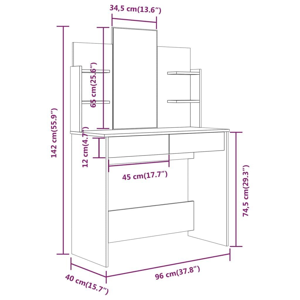 Peilipöytä peilillä, 96x40x142cm, ruskea tammi hinta ja tiedot | Peilipöydät | hobbyhall.fi