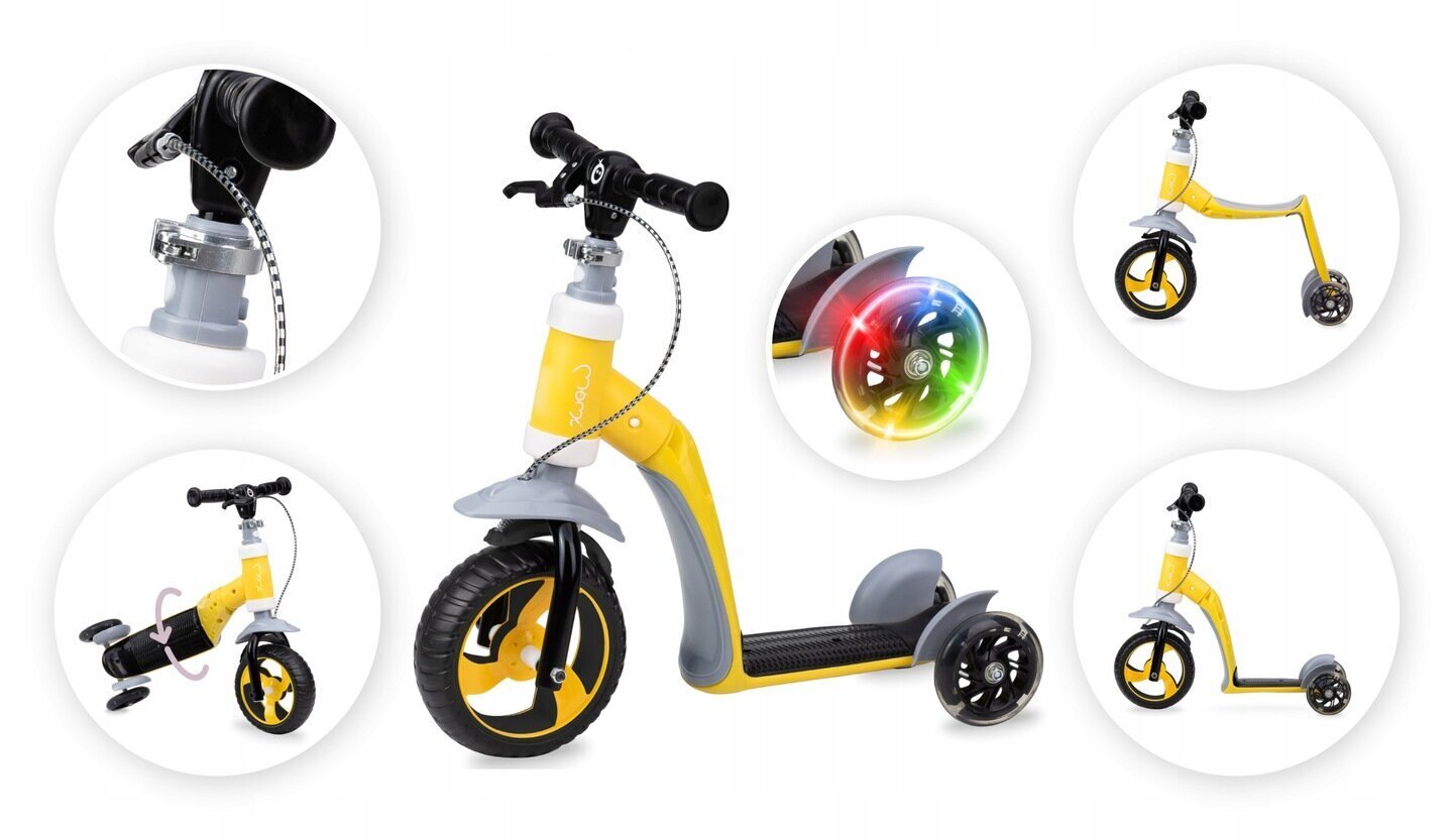 Kolmipyöräinen skootteri-polkupyörä MoMi Elios Led Rider 2in1, keltainen hinta ja tiedot | Kolmipyörät | hobbyhall.fi