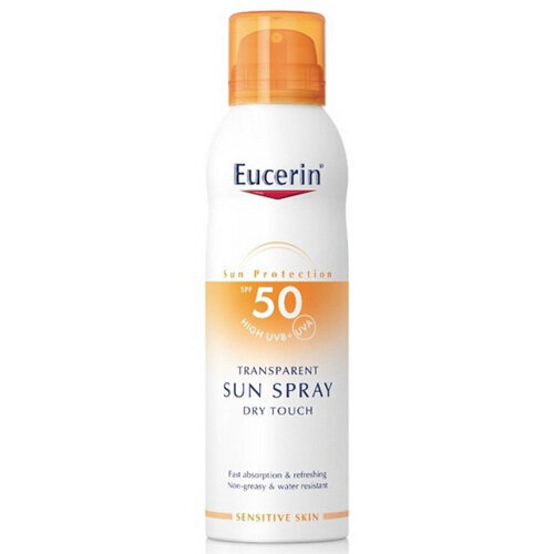 Suihkutettava aurinkosuojalotion Eucerin Sun Protection Transparent Sun Spray Dry Touch SPF50, 200 ml hinta ja tiedot | Aurinkovoiteet | hobbyhall.fi