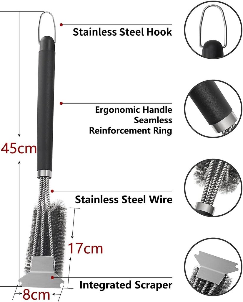 Grilliharja, TNTOR Grill -puhdistusharja, jossa on erityisen pitkä ruostumattomasta teräksestä valmistettu harja, ruostumattomasta teräksestä valmistettu lasta ja PP -lämpöeristyskahva kaasugrillille, hiiligrillille, pallogrillille, sähkö- ja grillille. hinta ja tiedot | Grillitarvikkeet ja -välineet | hobbyhall.fi