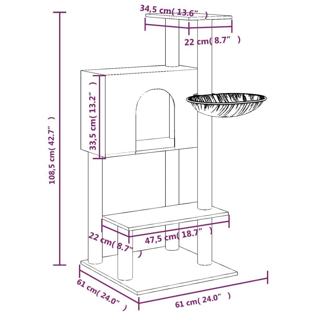 vidaXL Kissan kiipeilypuu sisal- raapimispylväillä kerma 108,5 cm hinta ja tiedot | Raapimispuut ja kiipeilypuut | hobbyhall.fi