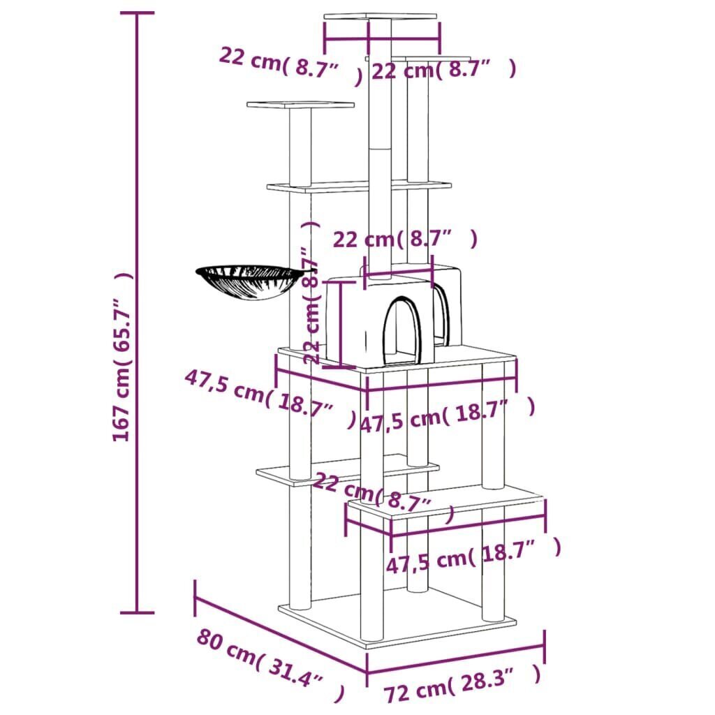 vidaXL Kissan kiipeilypuu sisal- raapimispylväillä vaaleanharm. 167 cm hinta ja tiedot | Raapimispuut ja kiipeilypuut | hobbyhall.fi