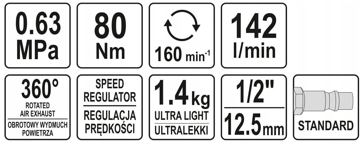 Pneumaattinen kahva YATO-päille 12,5 mm (1/2") 80 Nm hinta ja tiedot | Akkuporakoneet ja ruuvinvääntimet | hobbyhall.fi