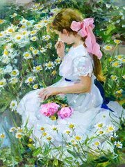 Timanttimosaiikki "A girl in a field of chamomile" 30x40cm hinta ja tiedot | Timanttimaalaukset | hobbyhall.fi