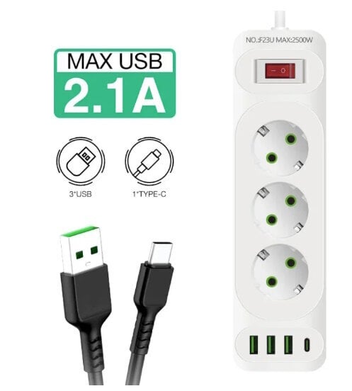 Riff F23U 3 liitäntää + 3 USB + 1 USB-C / 2 m valkoinen hinta ja tiedot | Jatkojohdot ja kaapelikelat | hobbyhall.fi