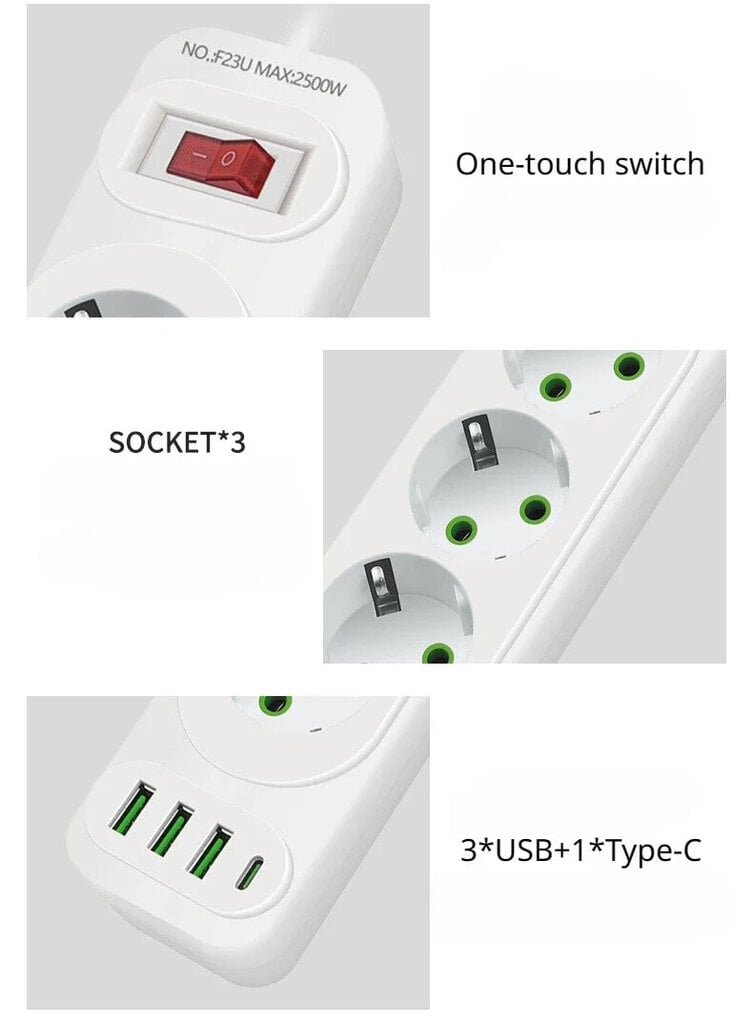 Riff F23U 3 liitäntää + 3 USB + 1 USB-C / 2 m valkoinen hinta ja tiedot | Jatkojohdot ja kaapelikelat | hobbyhall.fi