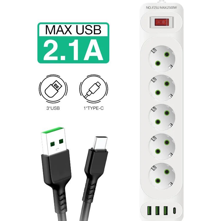 Riff F25U 5 liitäntää + 3 USB + 1 USB-C / 2 m valkoinen hinta ja tiedot | Jatkojohdot ja kaapelikelat | hobbyhall.fi