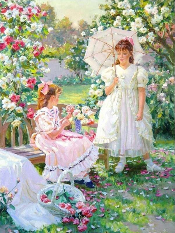 Timanttimosaiikki "Girls in the blooming garden" 30x40cm hinta ja tiedot | Timanttimaalaukset | hobbyhall.fi