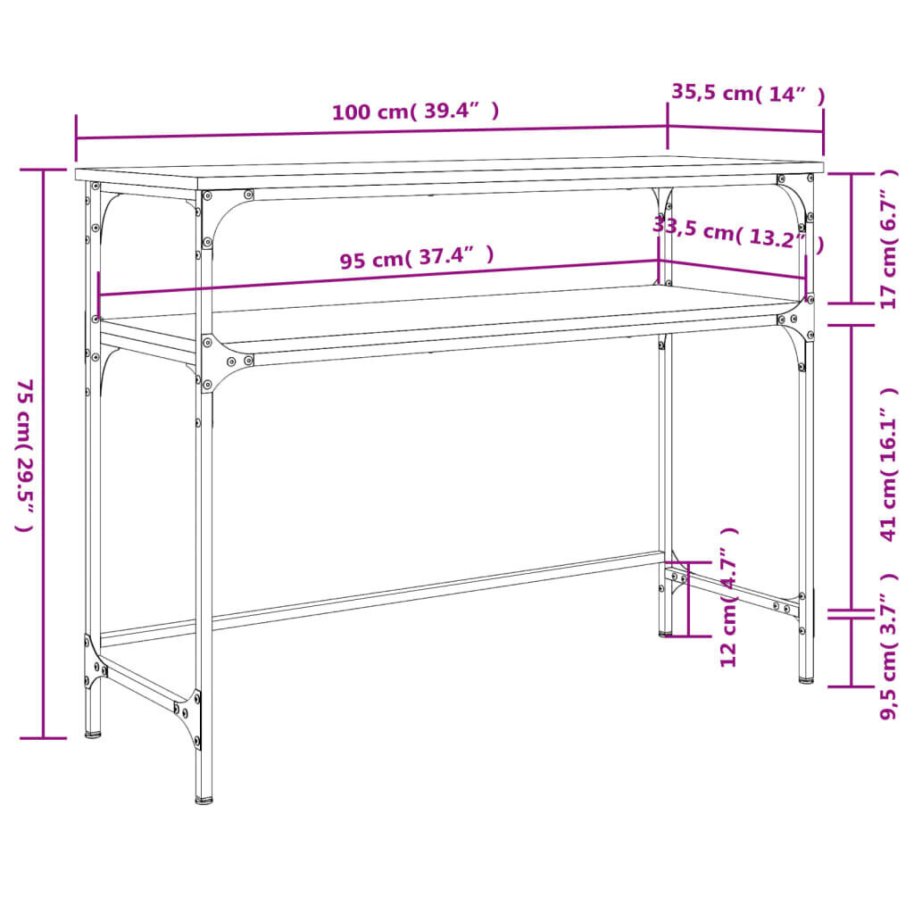 Pöytä vidaXL, 100x35,5x75 cm, harmaa/musta hinta ja tiedot | Sivupöydät | hobbyhall.fi