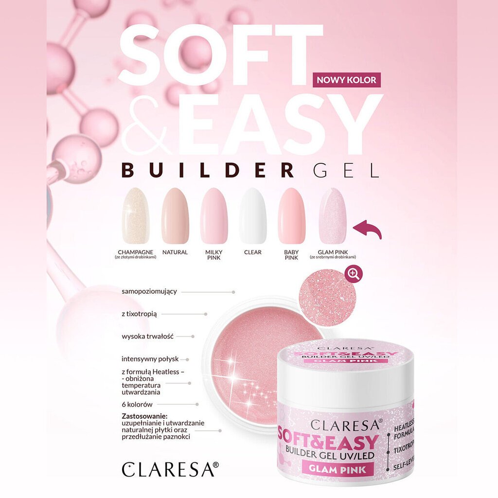 Claresa rakennusgeeli soft&easy glam pink, 12 g hinta ja tiedot | Kynsilakat ja kynsienhoitotuotteet | hobbyhall.fi