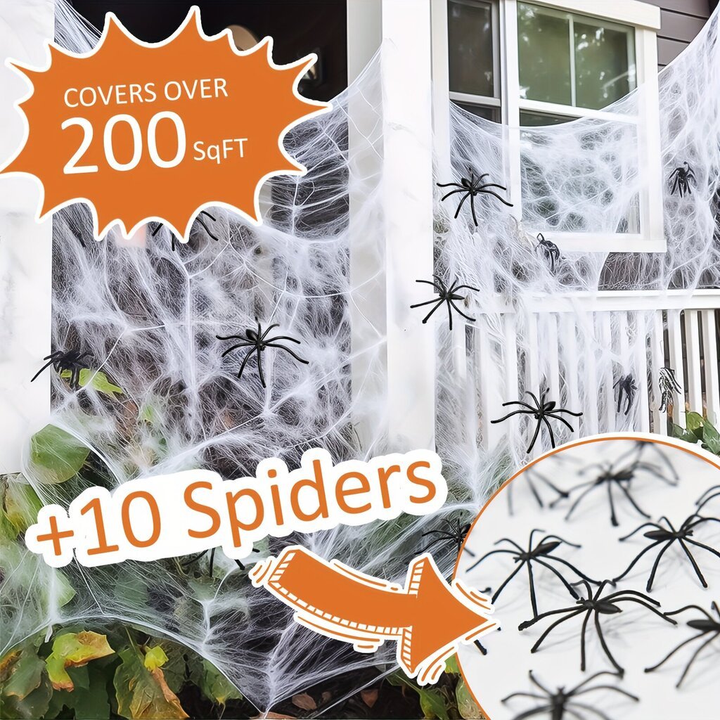 '200 pehmeää hämähäkinverkkoa halloween-koristeiden bonus 10 väärennetyllä hämähäkillä' hinta ja tiedot | Juhlakoristeet | hobbyhall.fi