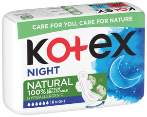 Kotex Natural Hygienic -paketit Night 6 kpl, 10 pkt hinta ja tiedot | Tamponit ja terveyssiteet | hobbyhall.fi