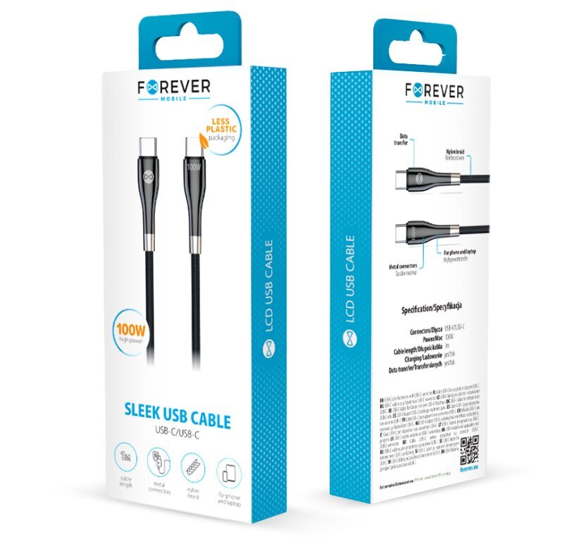 Forever Sleek Cable USB-C / USB-C 1.0 m / 100W hinta ja tiedot | Puhelinkaapelit | hobbyhall.fi