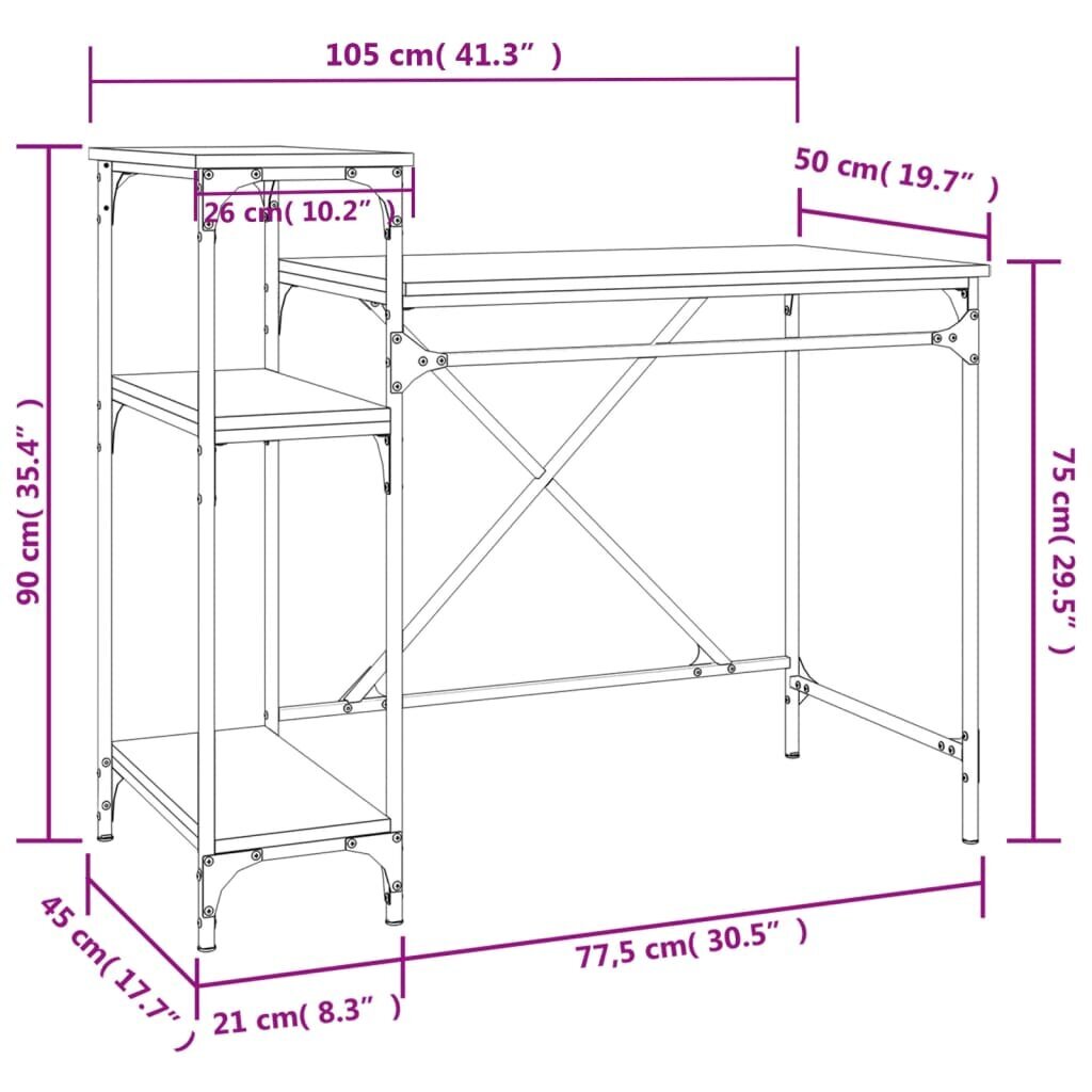 vidaXL Työpöytä hyllyillä Sonoma-tammi 105x50x90 cm tekninen puu/rauta hinta ja tiedot | Tietokonepöydät ja työpöydät | hobbyhall.fi