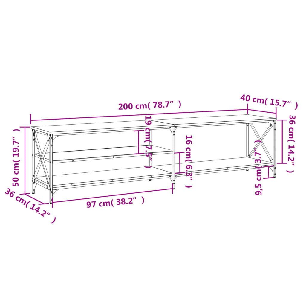 vidaXL TV-taso Sonoma-tammi 200x40x50 cm tekninen puu ja metalli hinta ja tiedot | TV-tasot | hobbyhall.fi