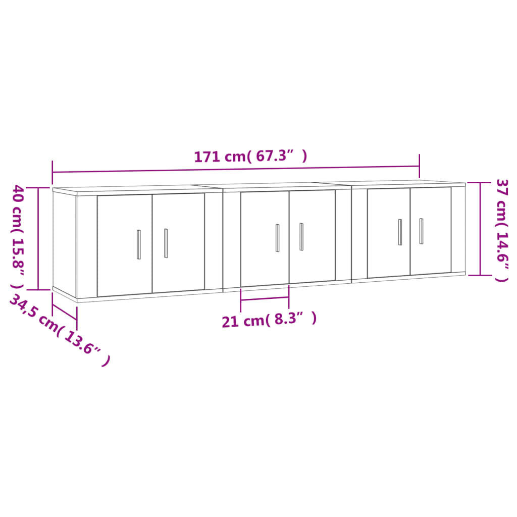 Seinäkiinnitettävät TV-tasot 3 kpl Sonoma-tammi 57x34,5x40 cm hinta ja tiedot | TV-tasot | hobbyhall.fi