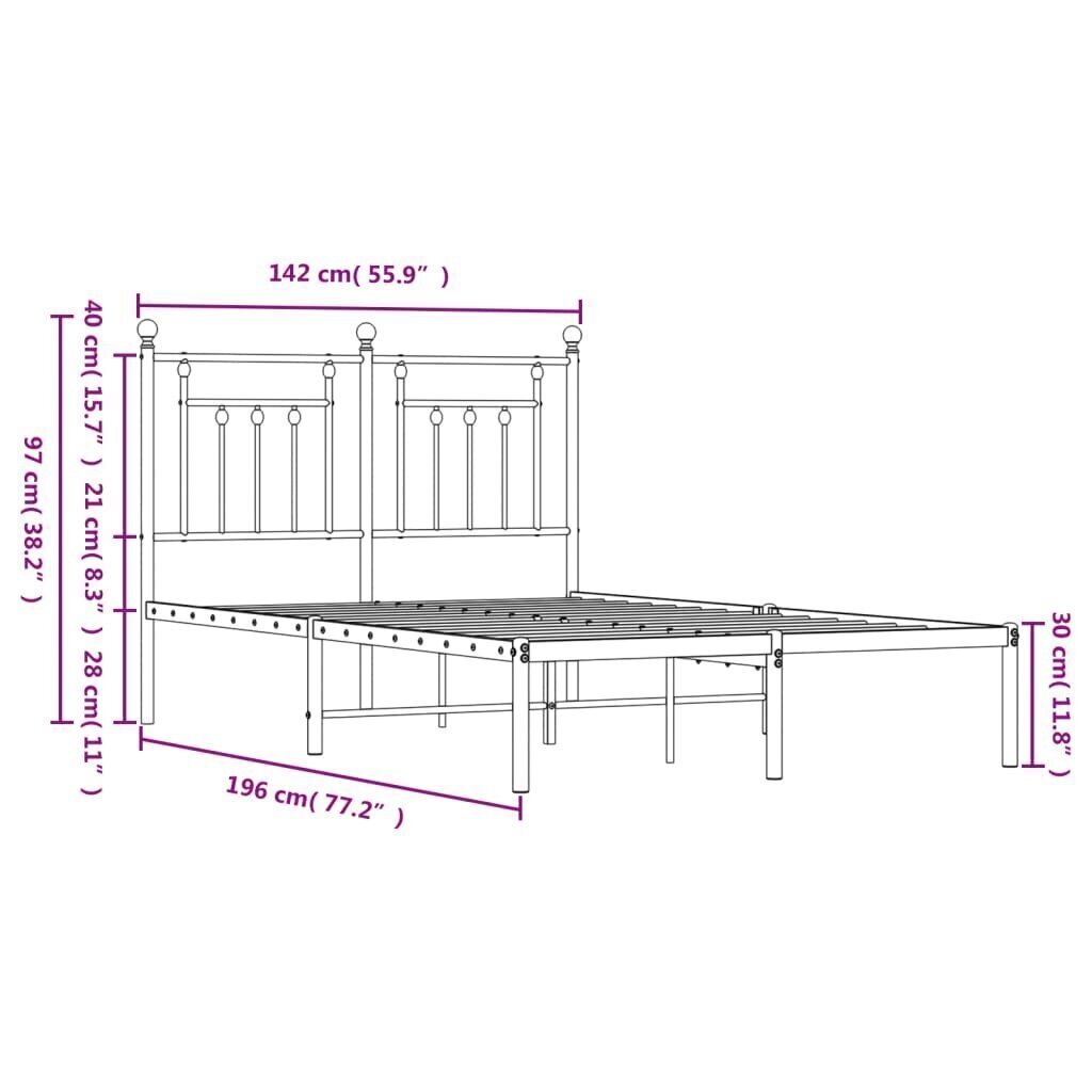 Metallinen sängynrunko päädyllä musta 135x190 cm hinta ja tiedot | Sängyt | hobbyhall.fi