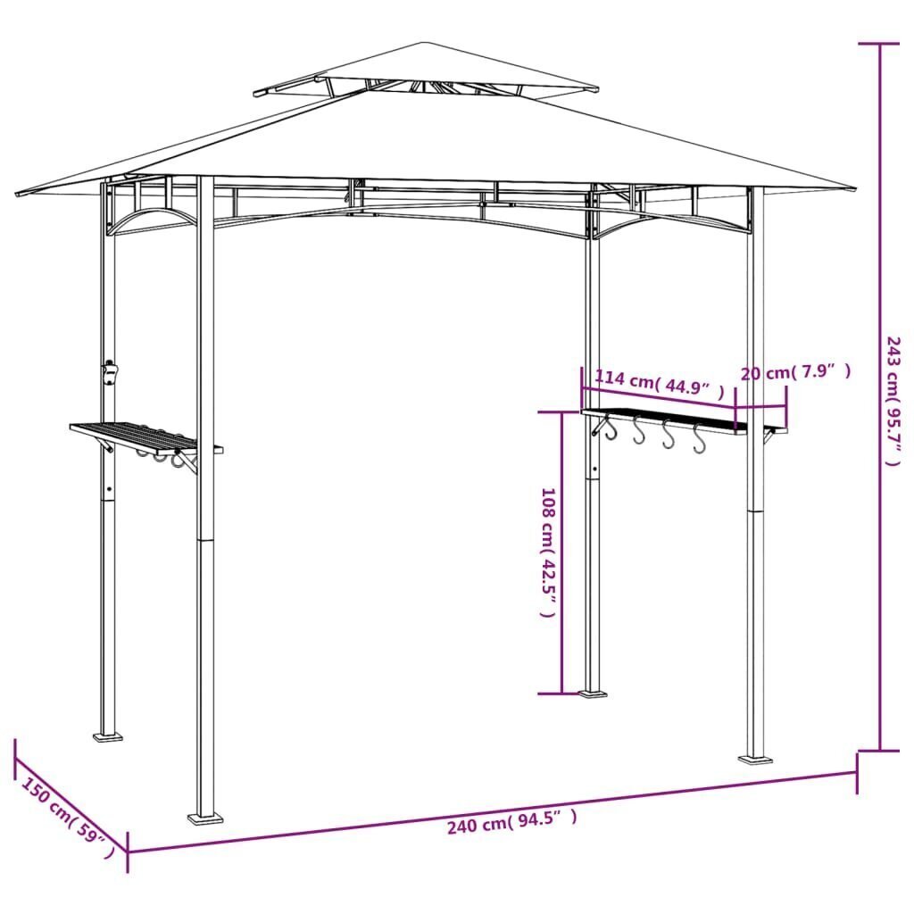 Grillikatos sivuhyllyillä antrasiitti 240x150x243 cm teräs hinta ja tiedot | Puutarhapaviljongit | hobbyhall.fi