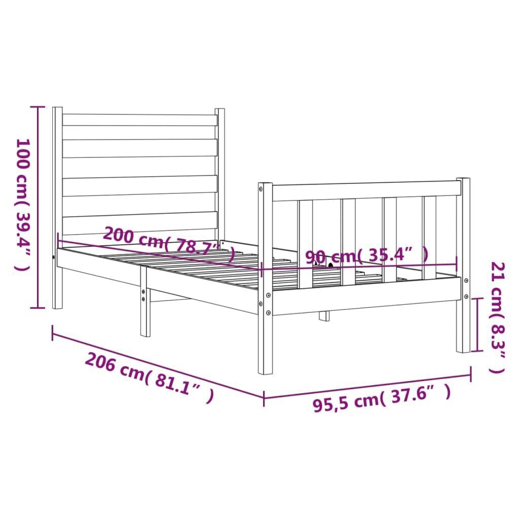 Sängynrunko päädyllä 90x200 cm täysi puu hinta ja tiedot | Sängyt | hobbyhall.fi