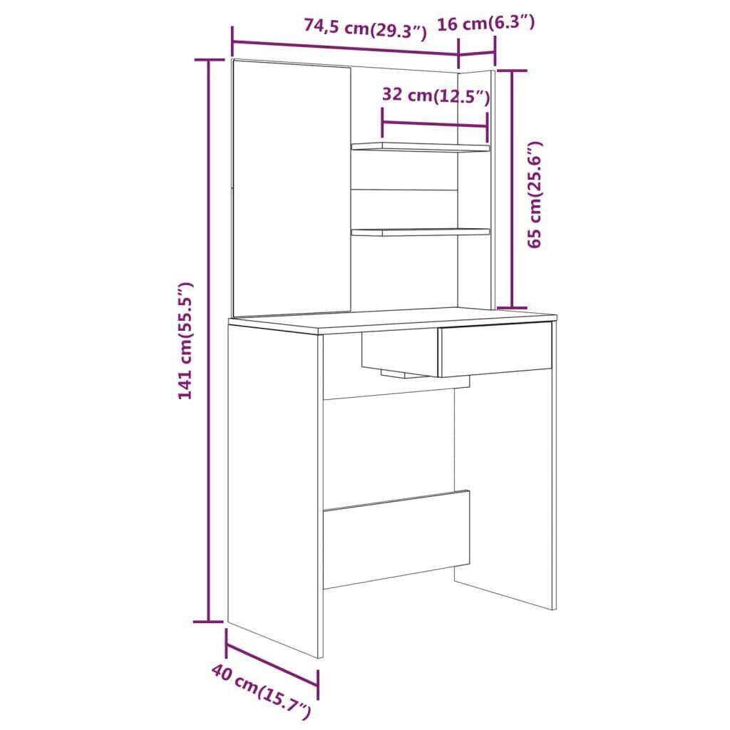 Peilipöytäsarja ruskea tammi 74,5x40x141 cm hinta ja tiedot | Peilipöydät | hobbyhall.fi