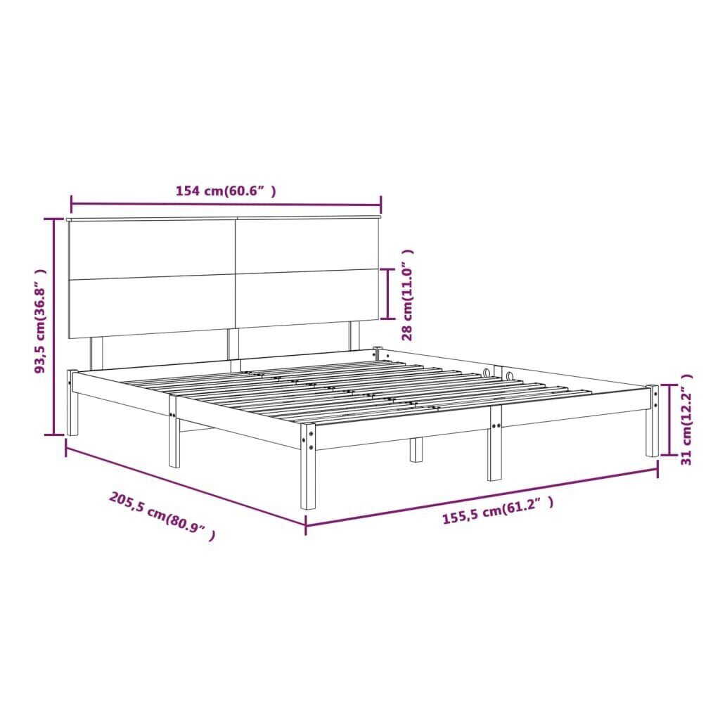 Sängynrunko valkoinen täysi puu 150x200 cm 5FT King Size hinta ja tiedot | Sängyt | hobbyhall.fi