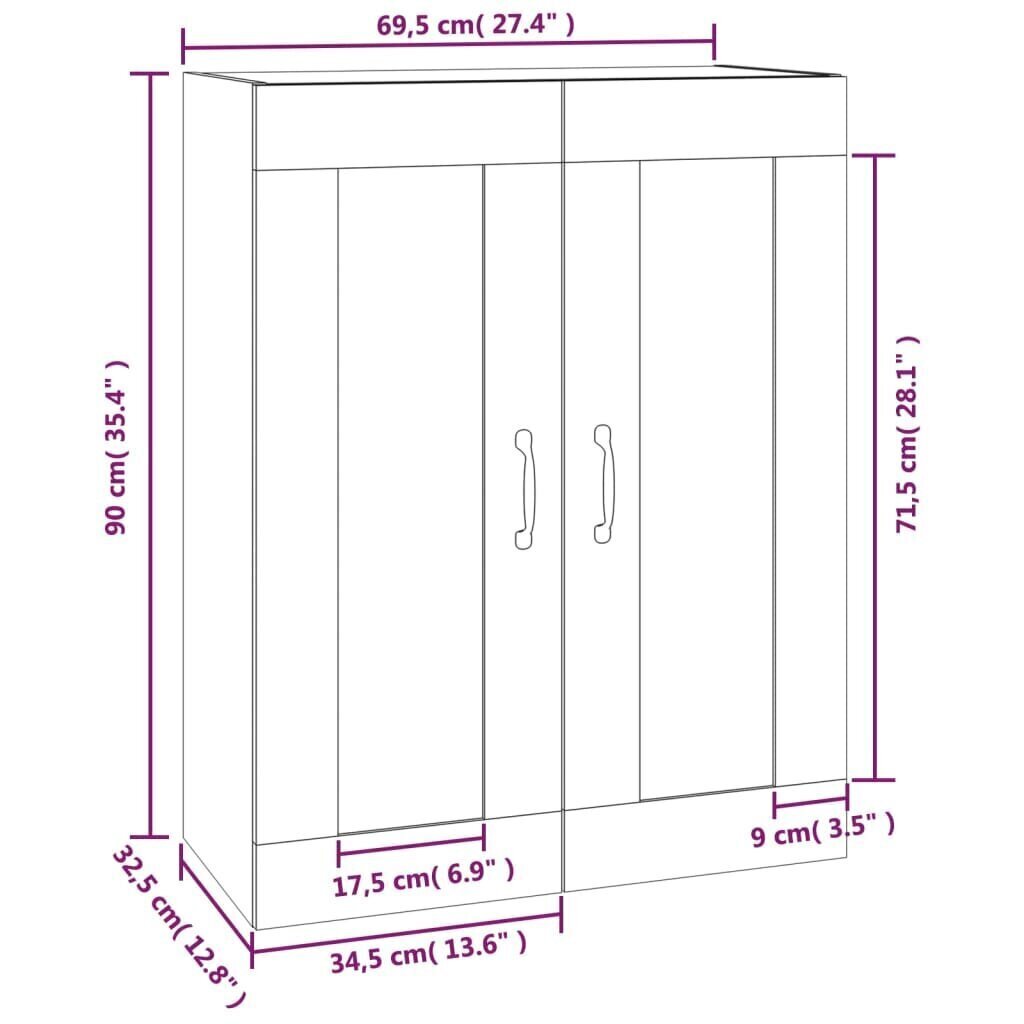 Riippuva seinäkaappi korkeakiilto valkoinen 69,5x32,5x90 cm hinta ja tiedot | Olohuoneen kaapit ja lipastot | hobbyhall.fi