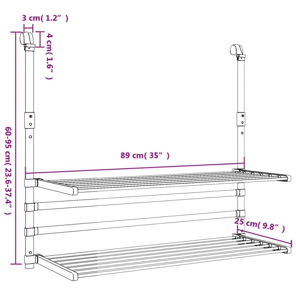 Kuivausteline parvekkeelle 89x25x(60-95) cm alumiini hinta ja tiedot | Kuivaustelineet ja tarvikkeet | hobbyhall.fi