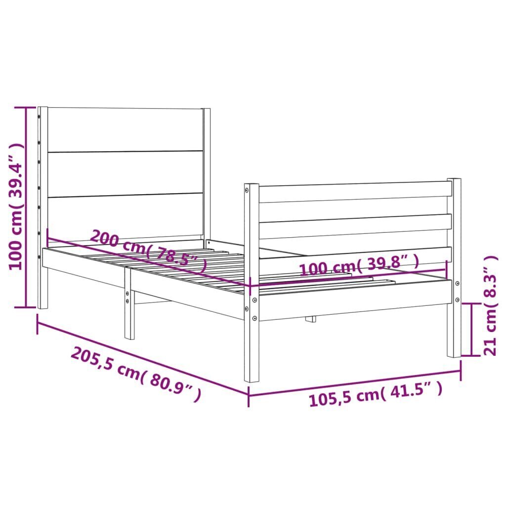 Sängynrunko päädyllä 100x200 cm täysi puu hinta ja tiedot | Sängyt | hobbyhall.fi