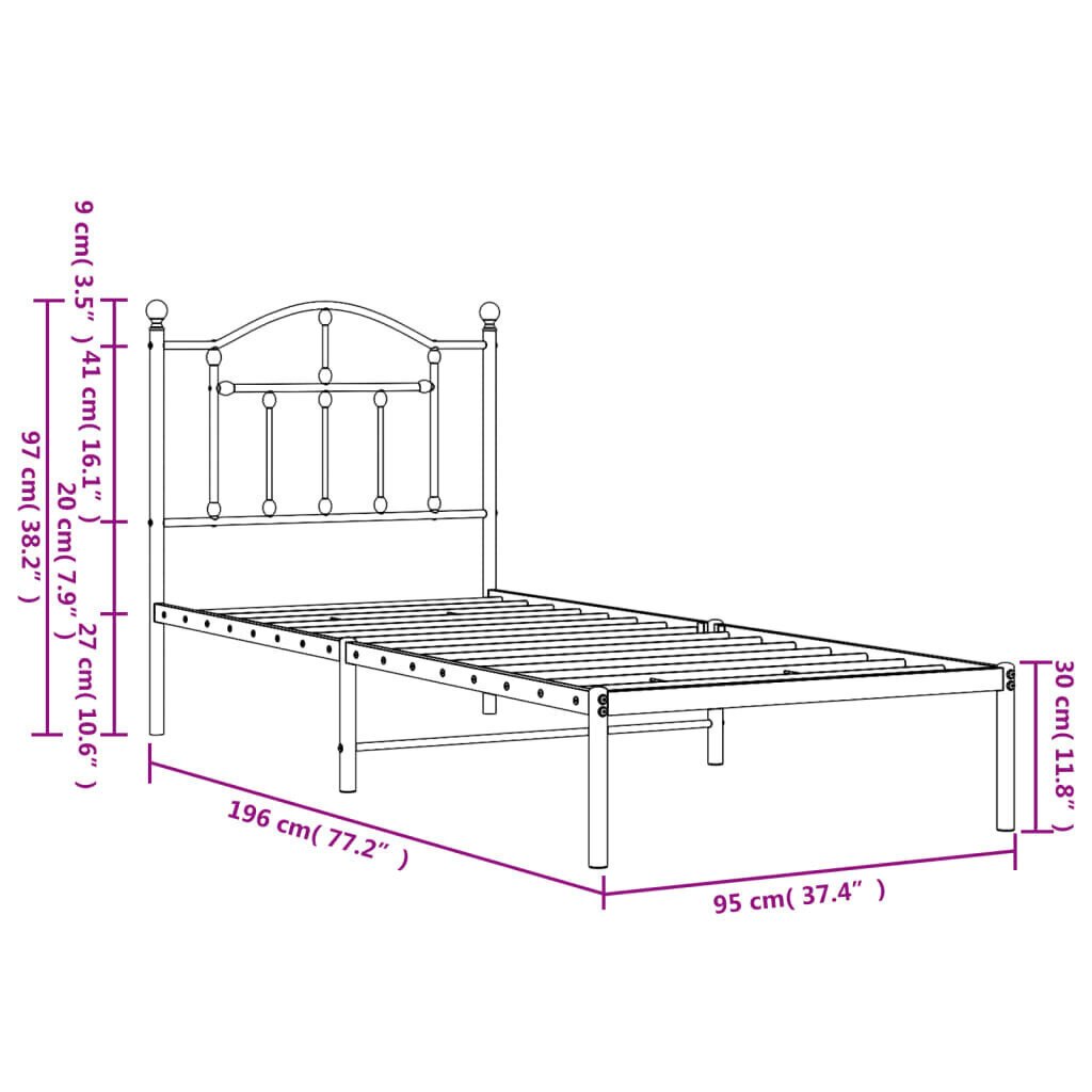 Metallinen sängynrunko päädyllä valkoinen 90x190 cm hinta ja tiedot | Sängyt | hobbyhall.fi