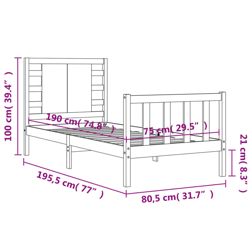 Sängynrunko päädyllä musta 2FT6 Small Single täysi puu hinta ja tiedot | Sängyt | hobbyhall.fi