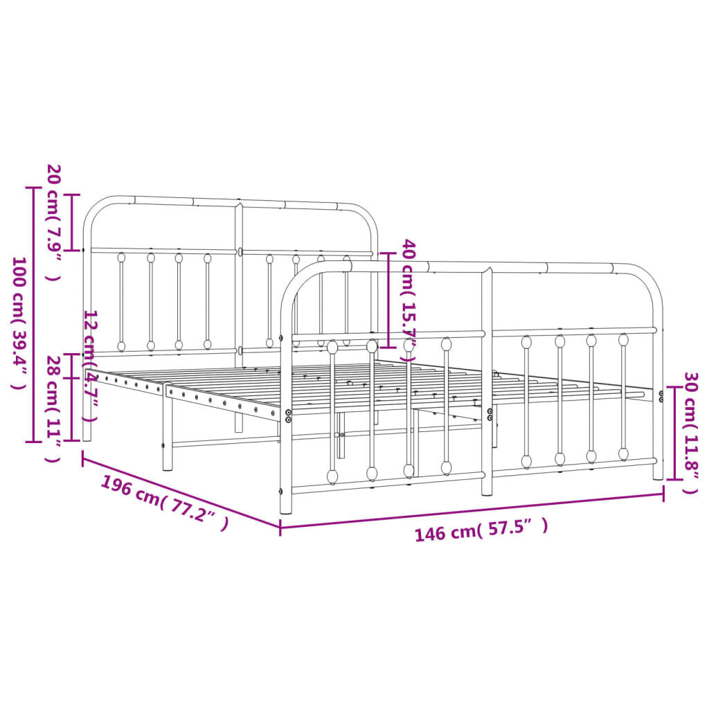 Metallinen sängynrunko päädyillä musta 140x190 cm hinta ja tiedot | Sängyt | hobbyhall.fi