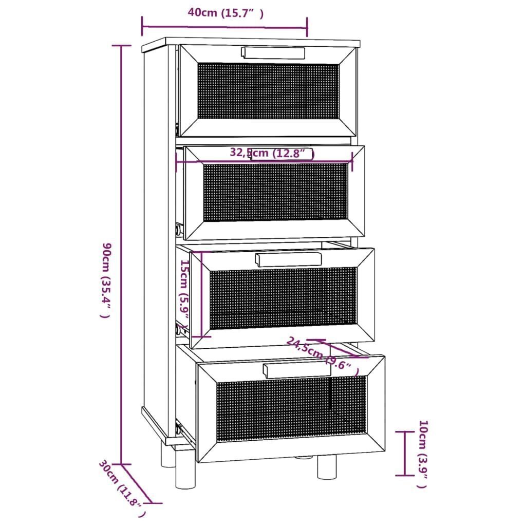 Senkki musta 40x30x90 cm täysi mänty ja luonnonrottinki hinta ja tiedot | Olohuoneen kaapit ja lipastot | hobbyhall.fi