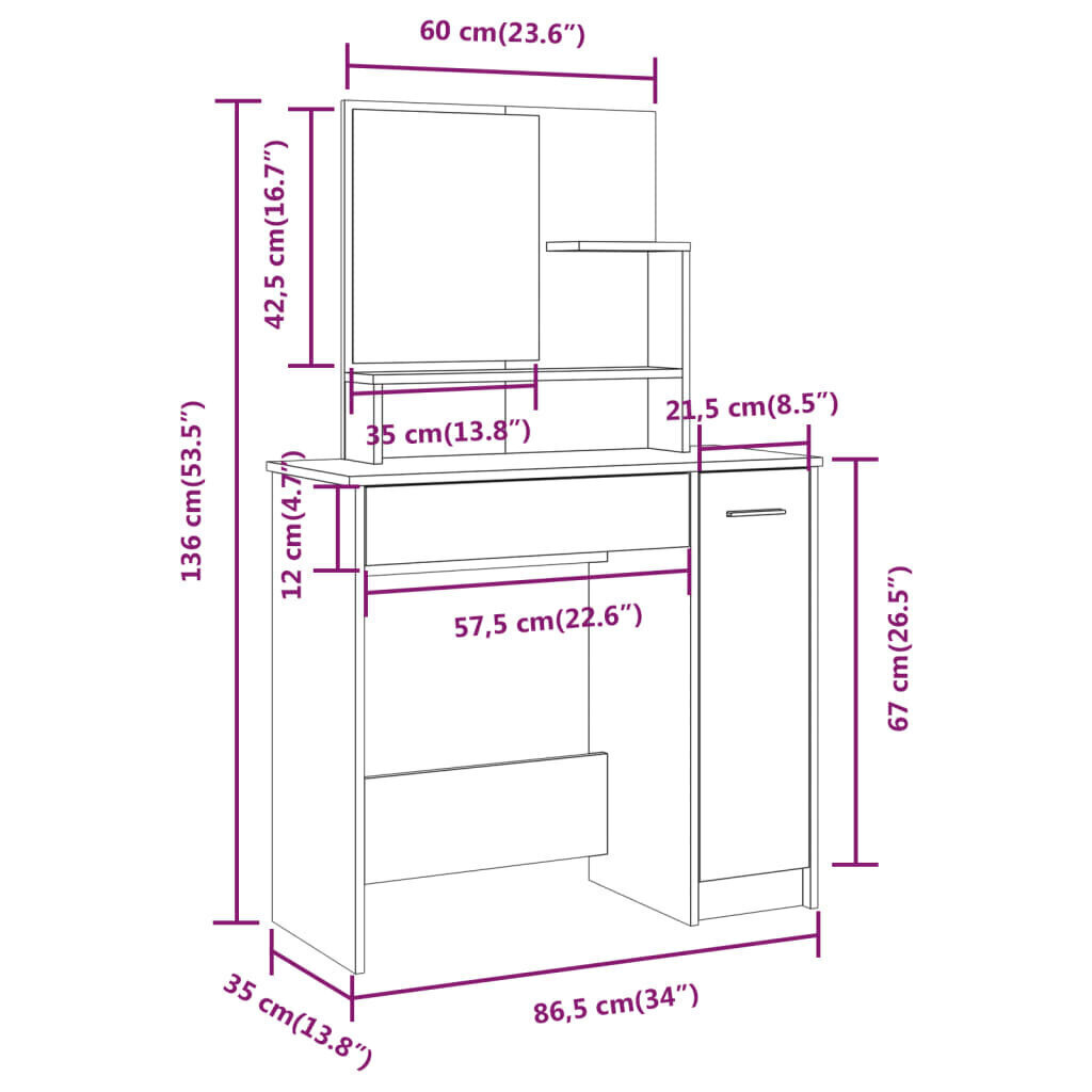 Peilipöytäsarja Sonoma-tammi 86,5x35x136 cm hinta ja tiedot | Peilipöydät | hobbyhall.fi