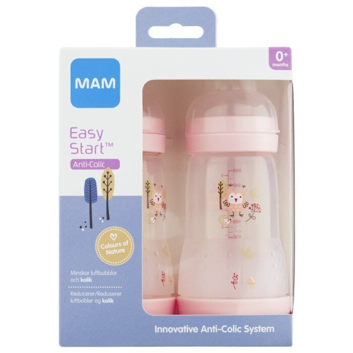 Vauvojen pullosetti Mam Easy Start Anti-Colic, pinkit, 0 kk+, 260 ml, 2 kpl hinta ja tiedot | Tuttipullot ja tarvikkeet | hobbyhall.fi