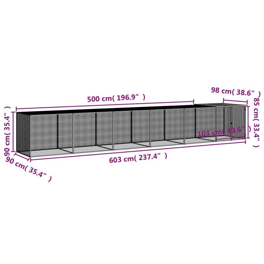 Kanahäkki katolla vaaleanharmaa 603x98x90 cm galvanoitu teräs hinta ja tiedot | Lintulaudat ja lintuhäkit | hobbyhall.fi