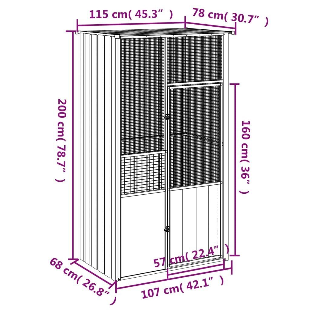 Lintuhäkki harmaa 115x78x200 cm galvanoitu teräs hinta ja tiedot | Lintulaudat ja lintuhäkit | hobbyhall.fi