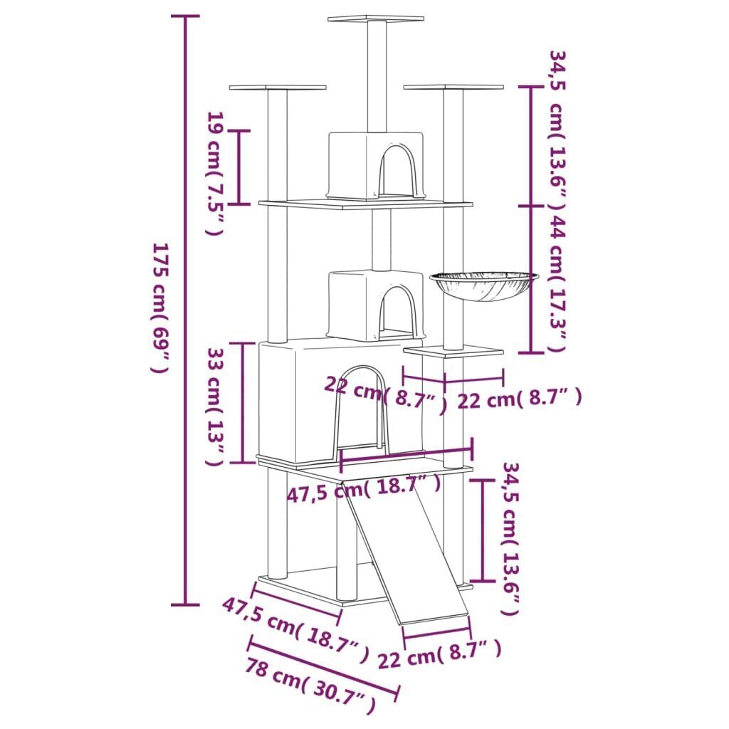 Kissan kiipeilypuu sisal- raapimispylväillä kerma 175 cm hinta ja tiedot | Raapimispuut ja kiipeilypuut | hobbyhall.fi