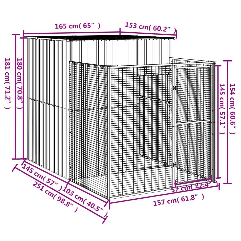 Koirankoppi/ulkotila v.harmaa 165x455x181 cm galvanoitu teräs hinta ja tiedot | Pieneläinten häkit ja tarvikkeet | hobbyhall.fi