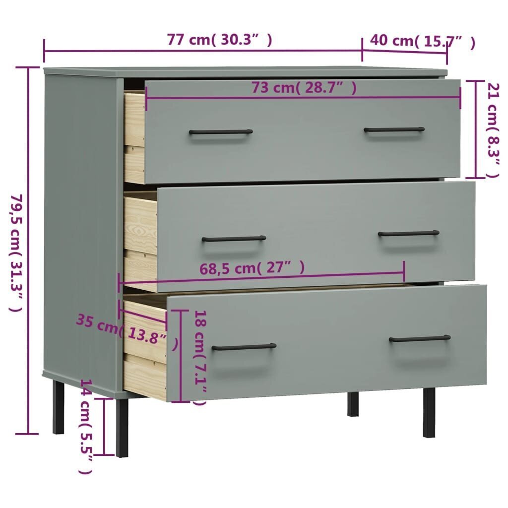 Senkki 3 laatikolla harmaa 77x40x79,5 cm täyspuu OSLO hinta ja tiedot | Olohuoneen kaapit ja lipastot | hobbyhall.fi