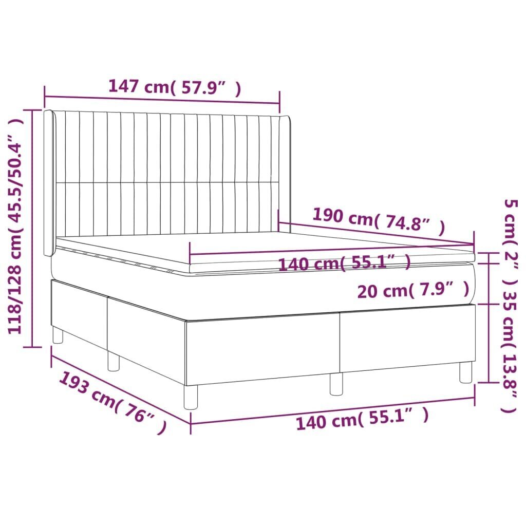 Sänky jousilla/patja/LED, harmaa, 140x190 cm, kangas hinta ja tiedot | Sängyt | hobbyhall.fi