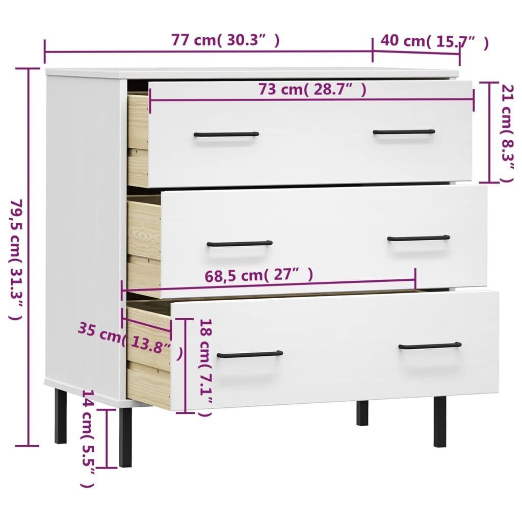 Senkki 3 laatikolla valkoinen 77x40x79,5 cm täyspuu OSLO hinta ja tiedot | Olohuoneen kaapit ja lipastot | hobbyhall.fi