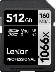 Lexar Professional 1066x SDXC UHS-I SDXC, 512 GB, Silver, Class 10, U3, V30, 120 MB hinta ja tiedot | Kameran muistikortit | hobbyhall.fi