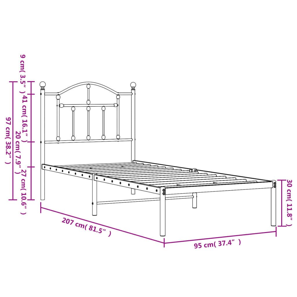 Metallinen sängynrunko päädyllä musta 90x200 cm hinta ja tiedot | Sängyt | hobbyhall.fi