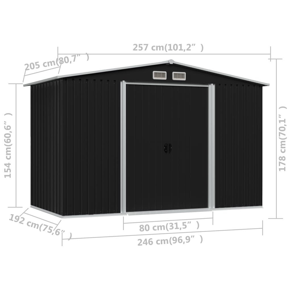 Puutarhan varastovaja antrasiitti teräs 257x205x178 cm hinta ja tiedot | Piharakennukset | hobbyhall.fi