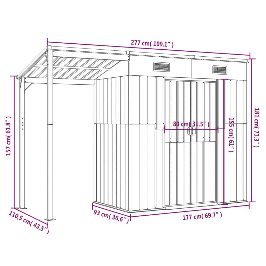 Puutarhavaja lisäkatolla ruskea 277x110,5x181 cm teräs hinta ja tiedot | Piharakennukset | hobbyhall.fi