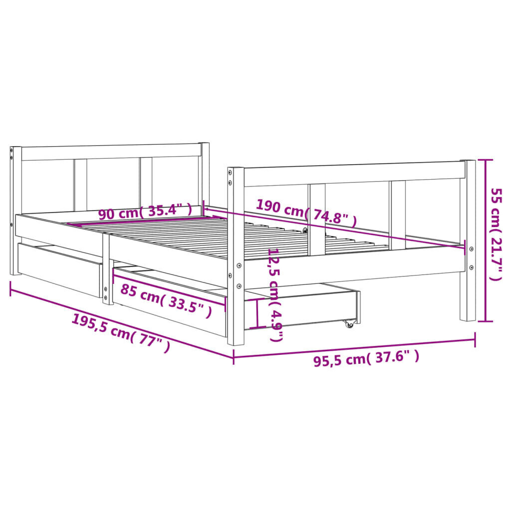 Lasten sängynrunko laatikoilla valkoinen 90x190 cm täysi mänty hinta ja tiedot | Lastensängyt | hobbyhall.fi