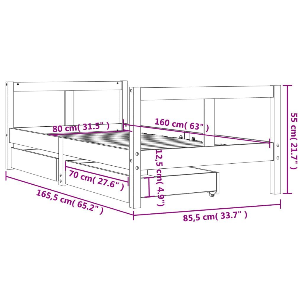 Lasten sängynrunko laatikoilla valkoinen 80x160 cm täysi mänty hinta ja tiedot | Lastensängyt | hobbyhall.fi