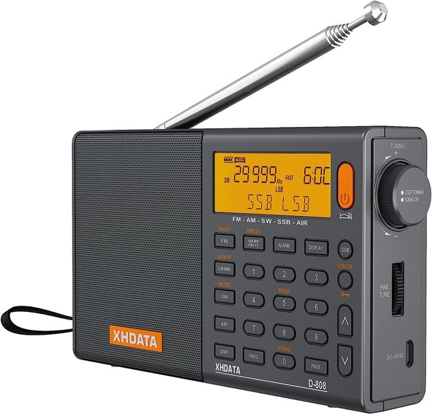 XHDDATA D-808 Kannettava digitaalinen radio UK-Stereo/KW/LW SSB RDS Air Band MultiBand-Radio-kaiutin LCD-näyttöhälytyskello Ulkoinen antenni ja 2000 mAh ladattava akku (harmaa)